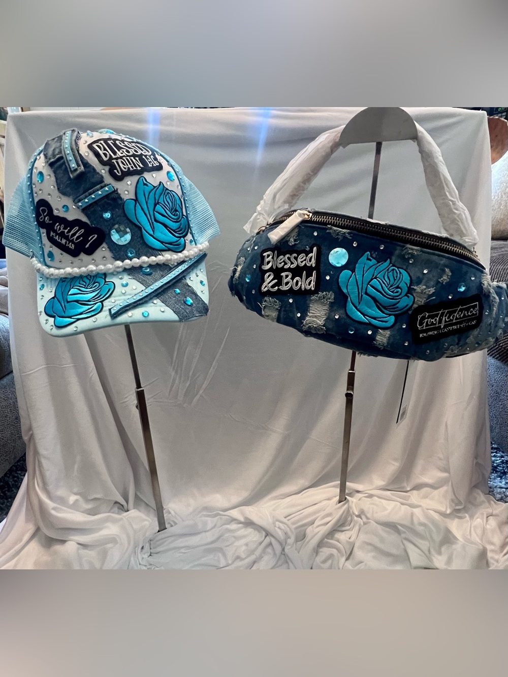 Blessed & Bold turquoise Floral Cap and denim turquoise Waist Bag Set